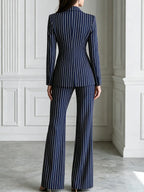 Vertical Stripe Notched Lapel Blazer & Flare Pants Suit