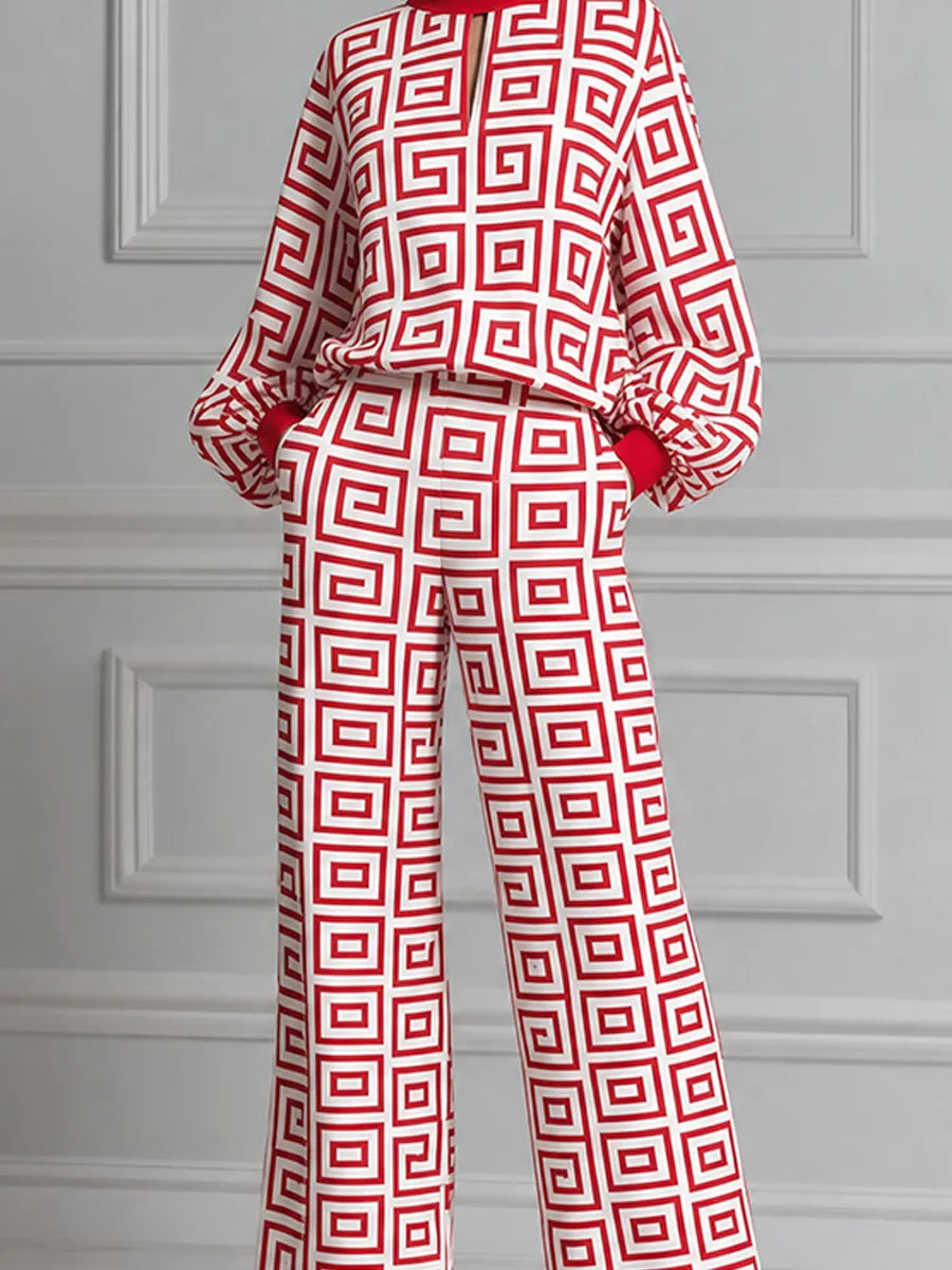 Red Geometric Print Pullover & Wide Leg Pants Set