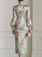 Vintage Rose Iris Floral Print Fitted Midi Dress