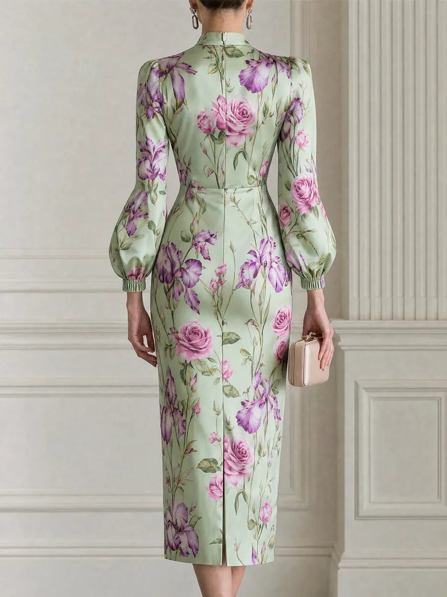 Vintage Rose Iris Floral Print Fitted Midi Dress