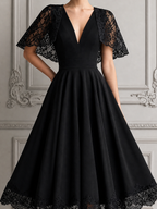 Black Lace Dress Fall Wedding Guest Dress Cape Sleeve A-Line Midi Dress