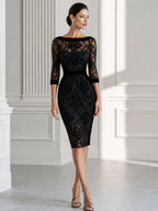 Floral Lace Velvet Trim Boat Neck Midi Bodycon Dress