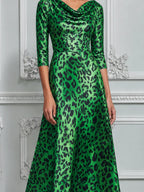Emerald Green Leopard Print Cowl Neck A-Line Midi Dress