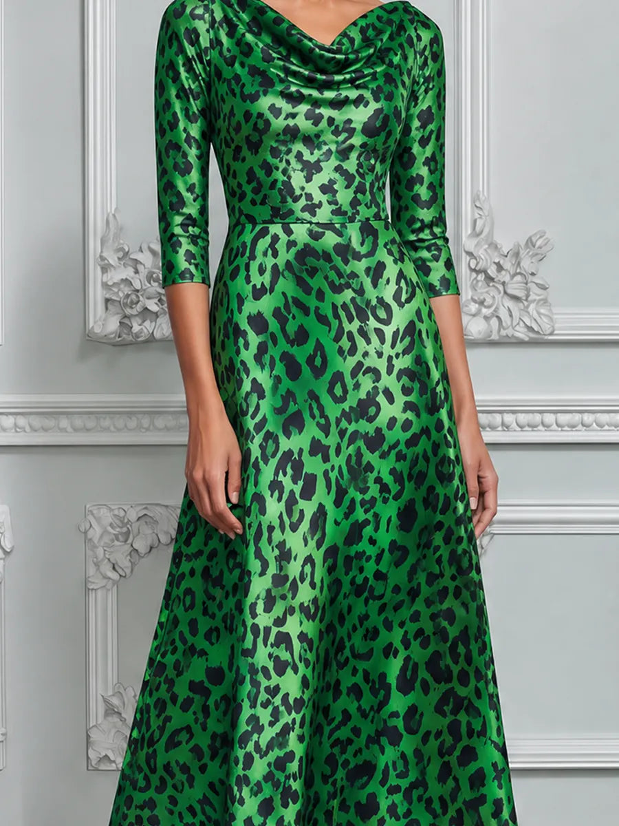 Emerald Green Leopard Print Cowl Neck A-Line Midi Dress