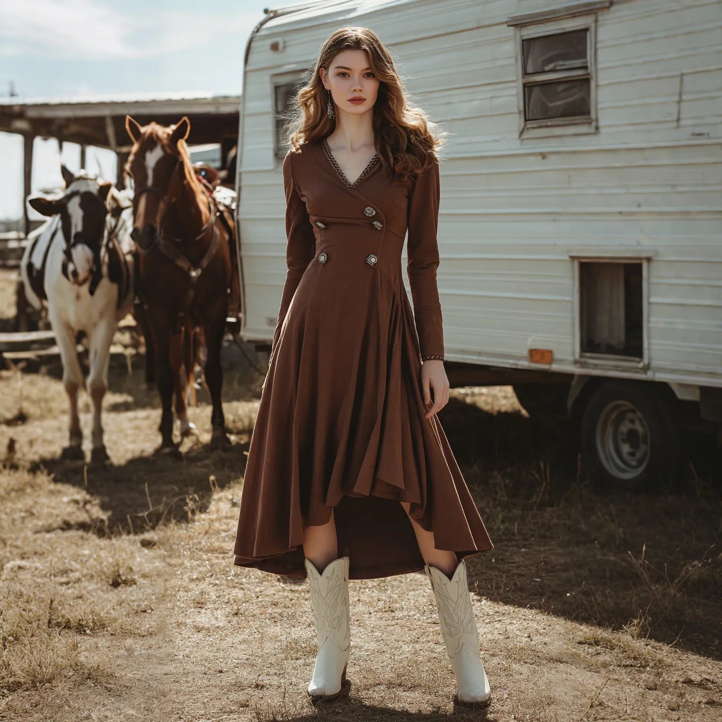 Women's Retro Western Style V-Neck Long Sleeve Dress