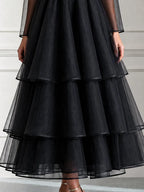 Elegant Sheer Sleeve Tiered Organza Midi Dress