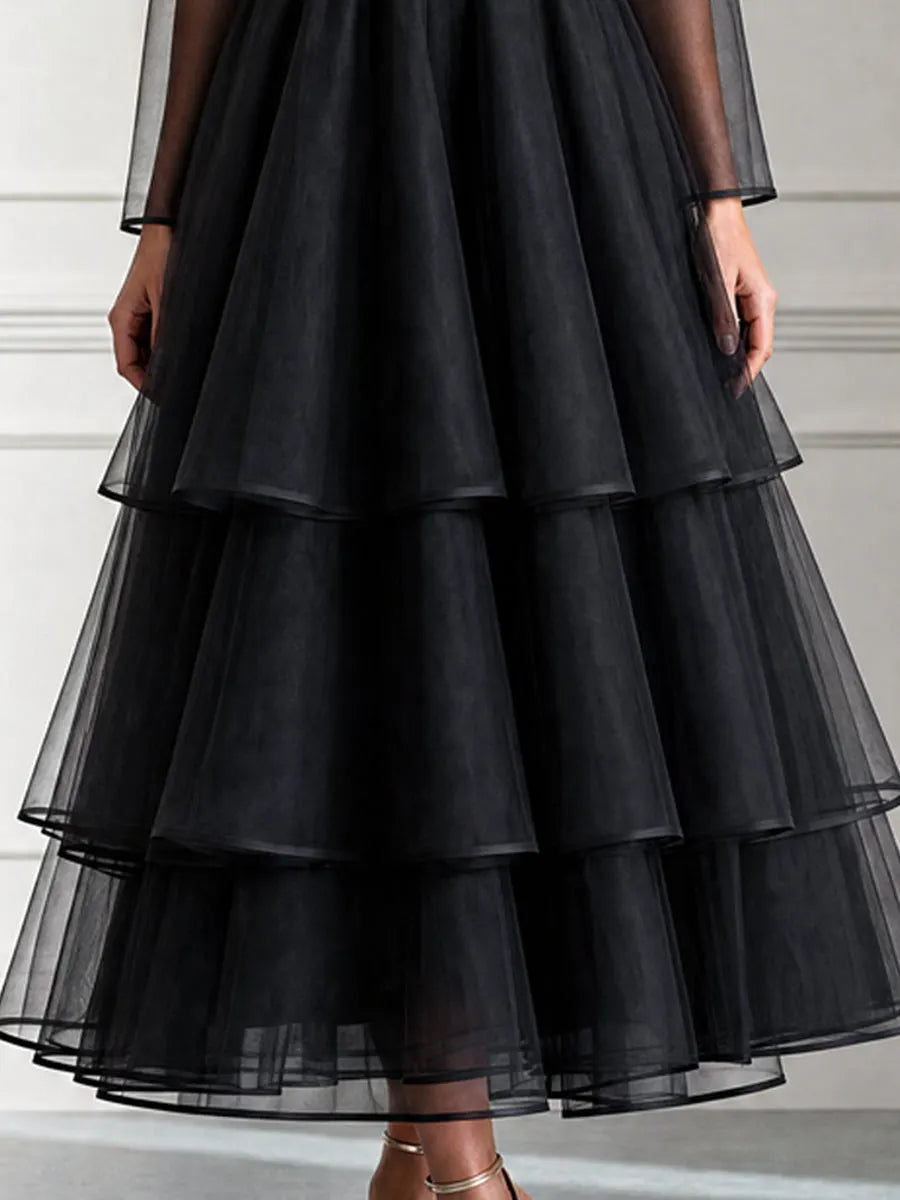 Elegant Sheer Sleeve Tiered Organza Midi Dress