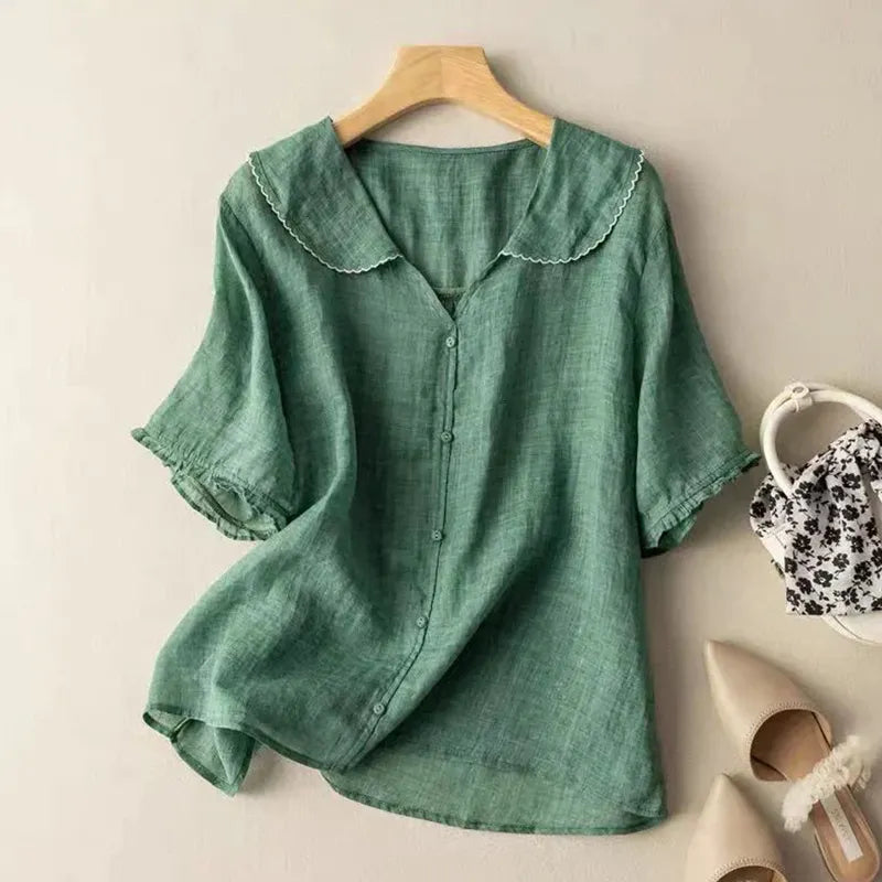 Women's Casual Lapel Linen Solid Shirt