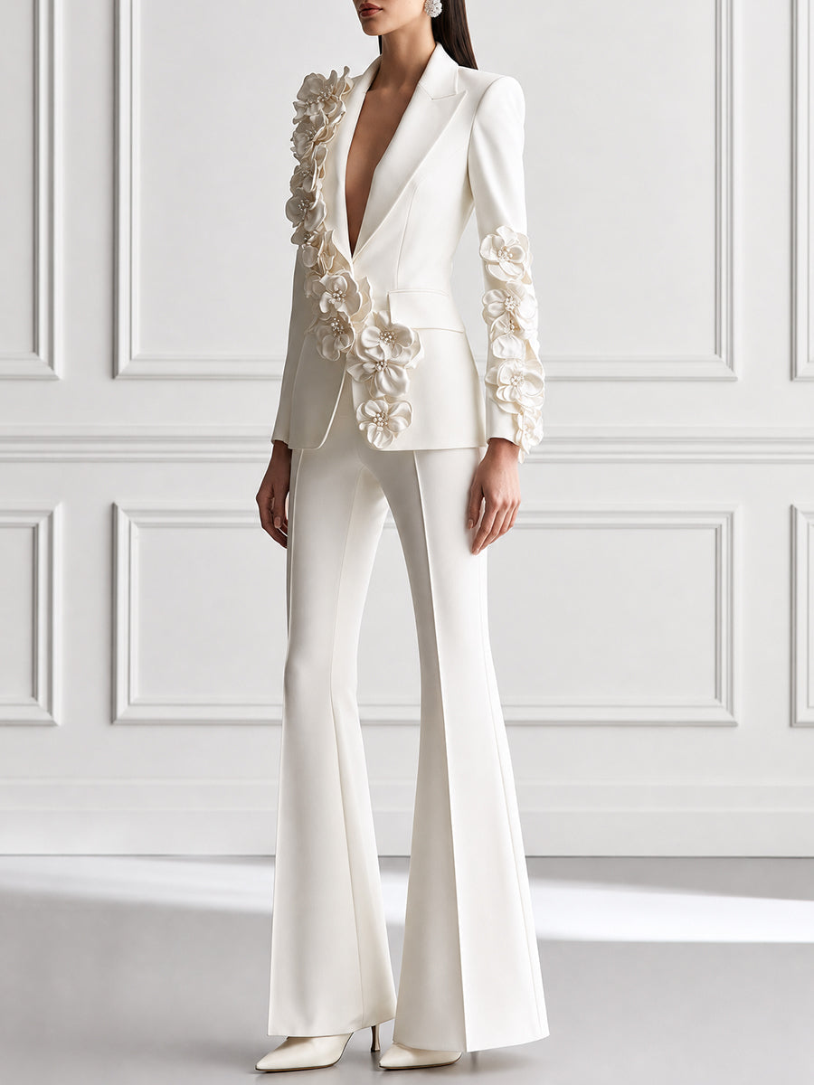 Floral Applique Deep V-Neck Blazer & Flared Trousers Suit Set