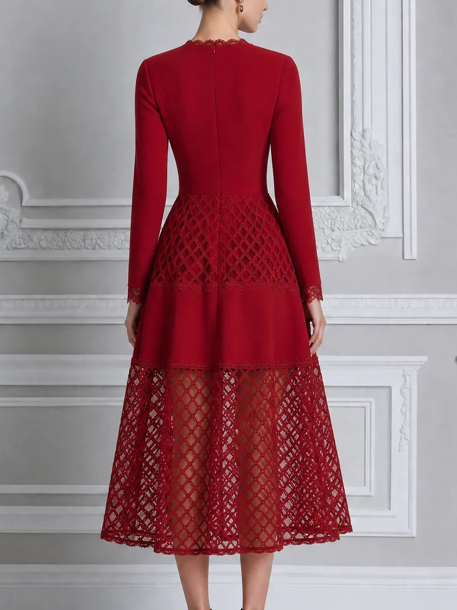 Red Dress Lace Fall Wedding Guest Dress V Neck A-Line Midi Dress