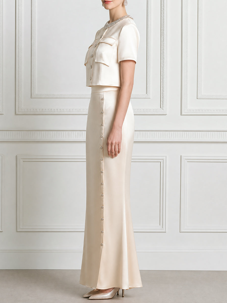 Elegant Satin Beaded Crop Top & Maxi Skirt Two-Piece Set