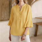 Women's Solid Color V Neck Short Sleeve Linen Blend Shirt