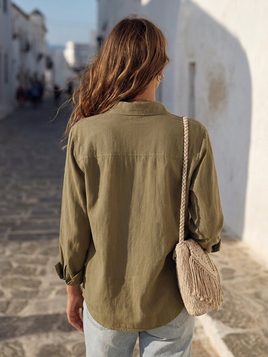 Casual Vacation Olive Green Leaf Embroidery Pocket Button Down Shirt