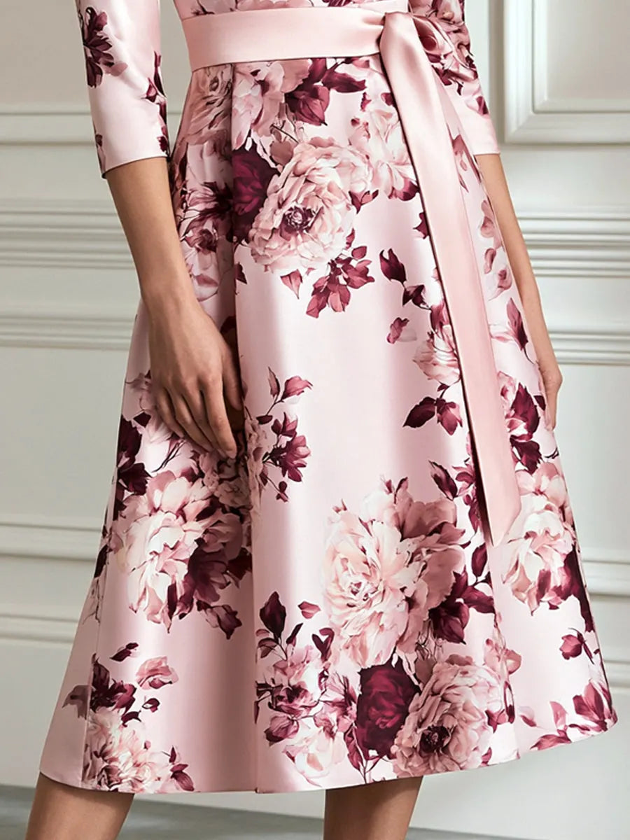 Pink Floral Printed Satin High Neck Midi Dress