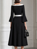 Color-Block Bateau Neck Bell Sleeve A-Line Midi Dress