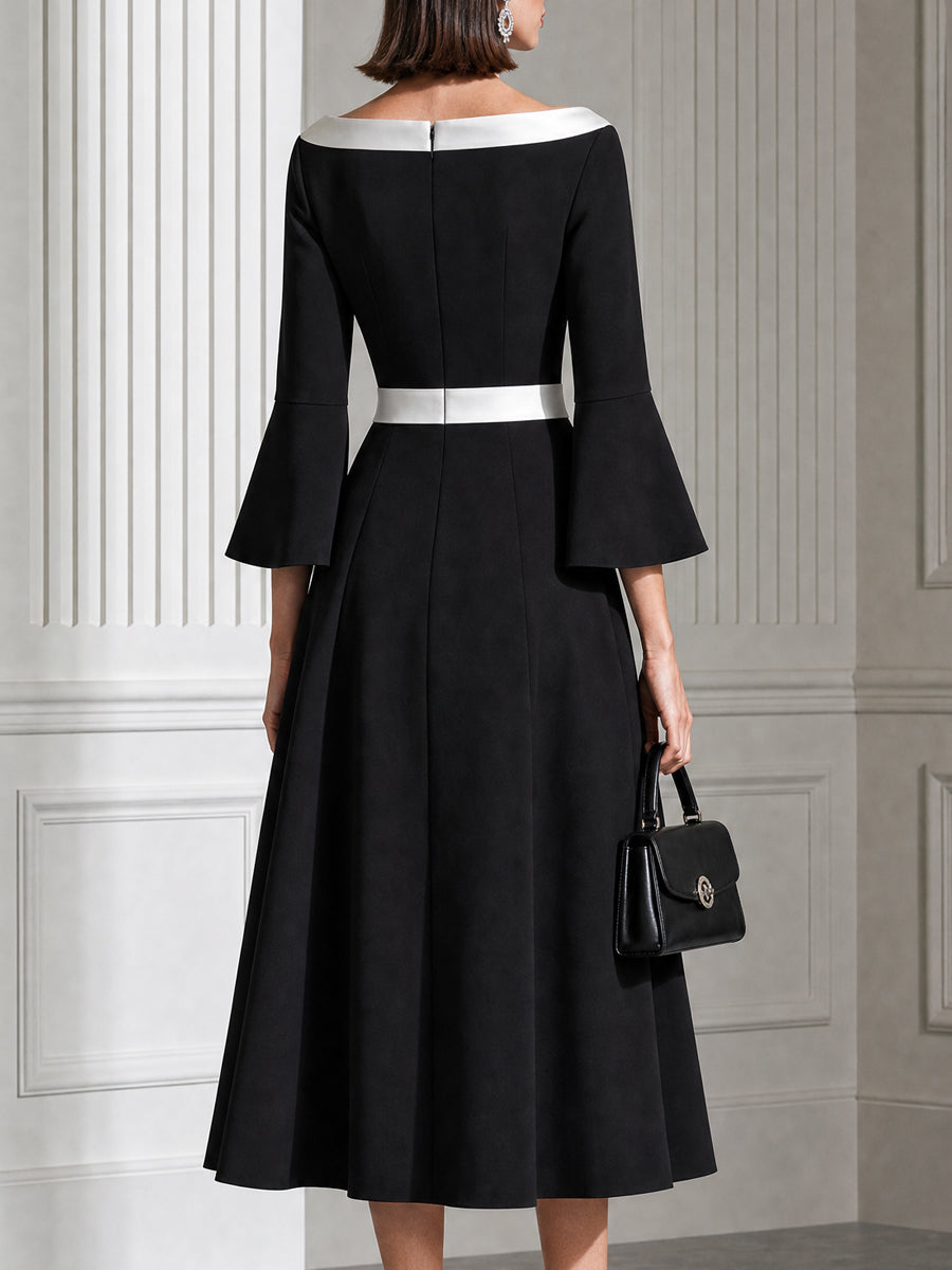 Color-Block Bateau Neck Bell Sleeve A-Line Midi Dress