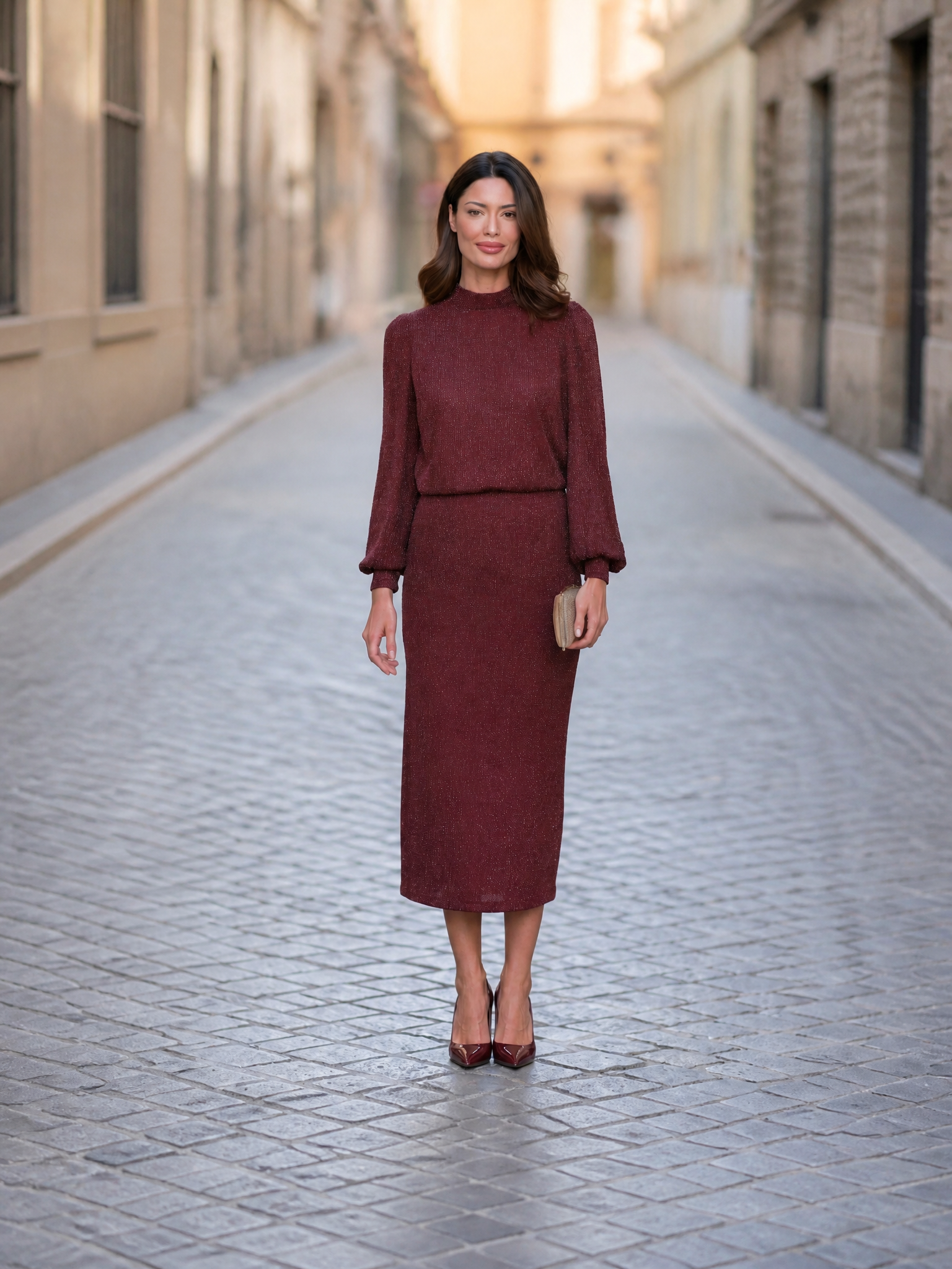 Metallic-Thread High-Neck Long-Sleeve Top And Midi Skirt Two-Piece Set