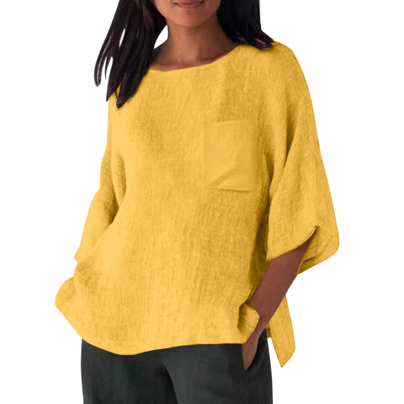 3/4 Sleeved Round Neck Pocket Loose Casual Shirt