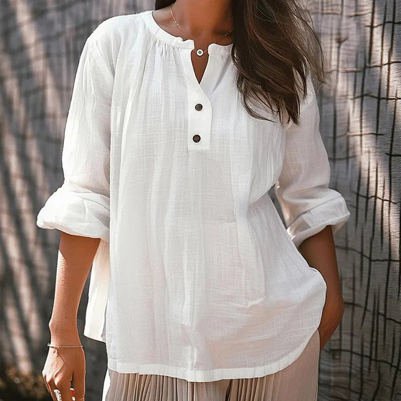 Women's Vintage Solid Color Button-down Long-sleeve Cotton Linen Shirt