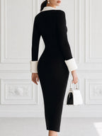 Contrast Collar Ribbed Knit Midi Dress with Zip Front