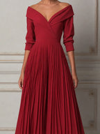 Red Dress Fall Wedding Guest Dress Off Shoulder Pleated Midi Dress