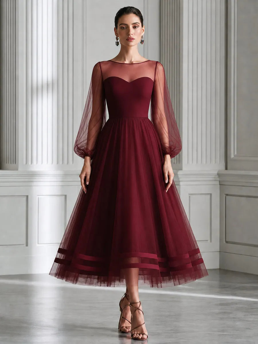 Elegant Illusion Neck Puff Sleeve Tulle A-Line Formal Dress