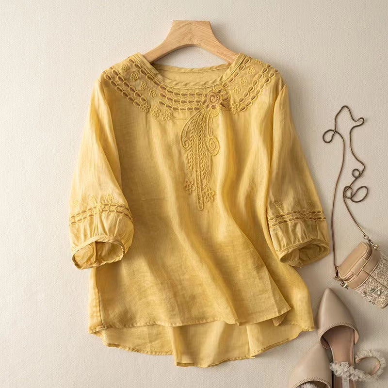 Women's Casual Floral Embroidered Linen Blend Blouse
