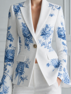 White Blue Floral Tailored Blazer