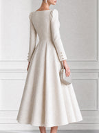 Elegant Jacquard Boat Neck Pearl Button Cuffs Dress