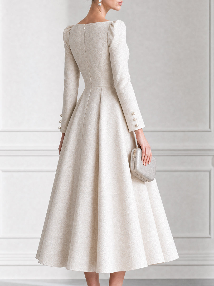 Elegant Jacquard Boat Neck Pearl Button Cuffs Dress