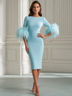 Elegant Feather Cuff 3/4 Sleeve Sheath Cocktail Midi Dress