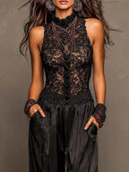 High Neck Lace Spliced Satin Wide Leg Jumpsuit