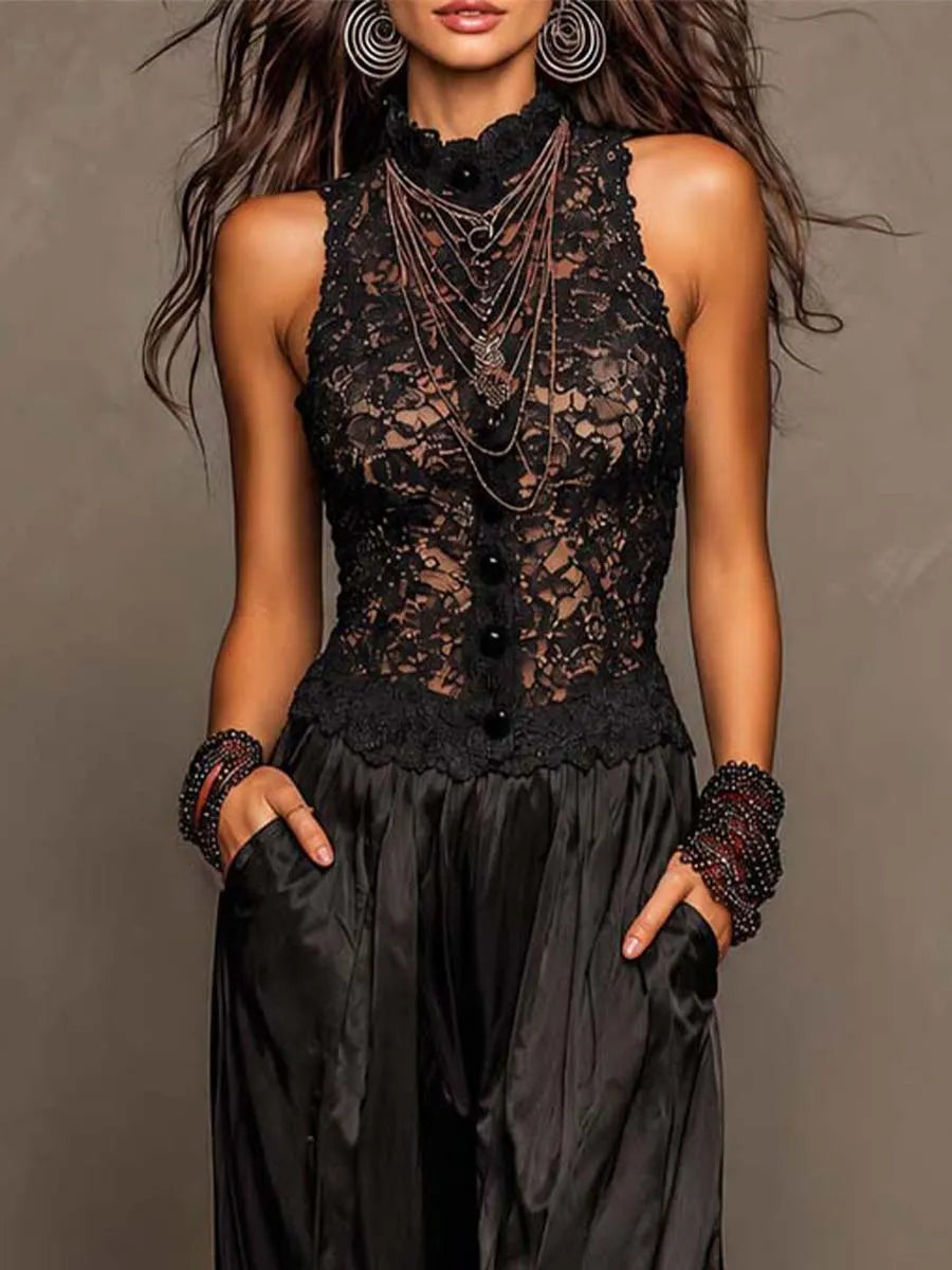High Neck Lace Spliced Satin Wide Leg Jumpsuit