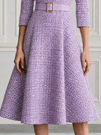 Premium Tweed Collared 3/4 Sleeve A-Line Midi Dress