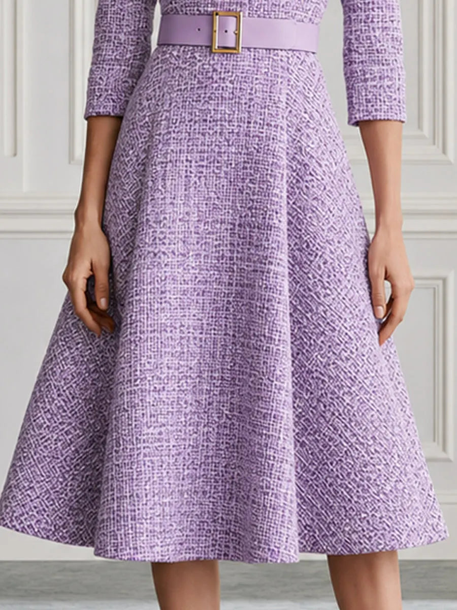 Premium Tweed Collared 3/4 Sleeve A-Line Midi Dress