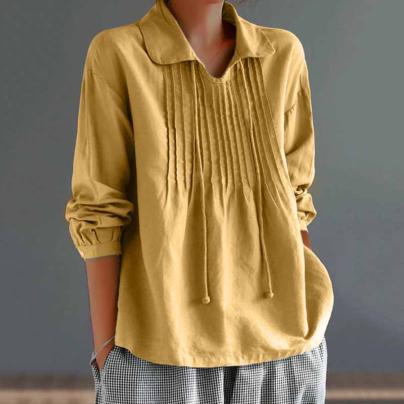 Solid Color Loose Pleated Collar Long Sleeved Shirt