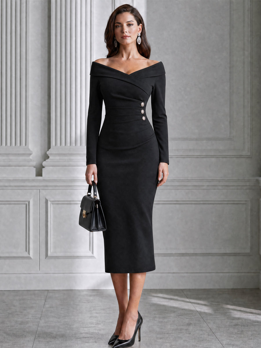 Off-the-Shoulder Button-Detail Bodycon Midi Dress