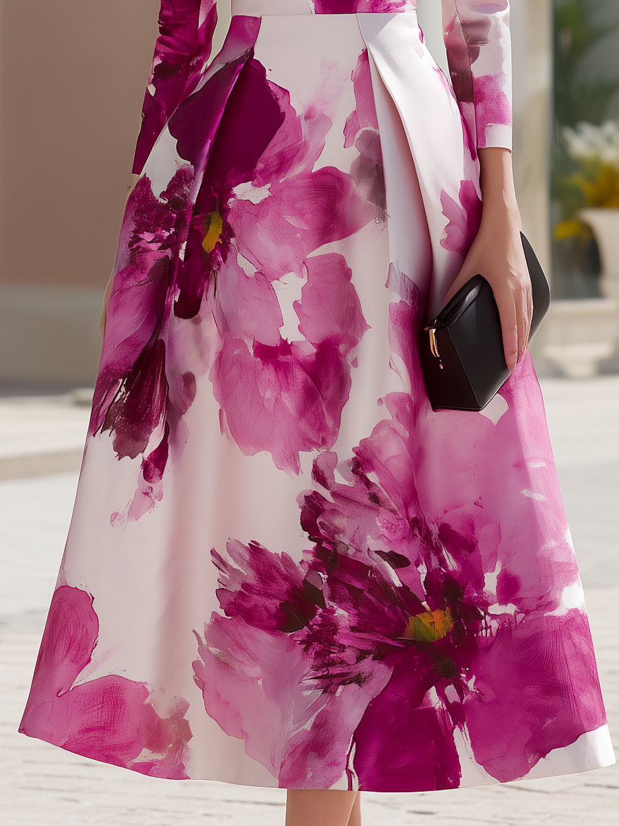 Floral Print Long Sleeve A-Line Midi Dress