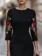 Floral Embroidery Sleeve Sheath Midi Dress