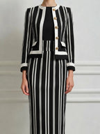 Black White Vertical Stripe Round Neck Gold Button Tailored Jacket & Pencil Skirt Two-Piece Suit Set