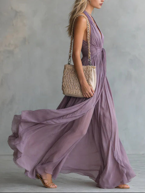 Stylish Halter Neck V-neck Sleeveless Chiffon Maxi Dress