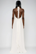 Aradhya Flower Ruffle Halter Neck Mesh Maxi Dress In White