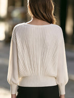 Pleated V-Neck Blouson Knit Sweater