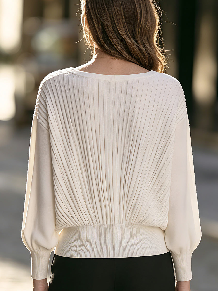 Pleated V-Neck Blouson Knit Sweater