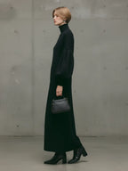 Women's Modern Black Turtleneck Puff-Sleeve Sweatshirt Maxi Dress