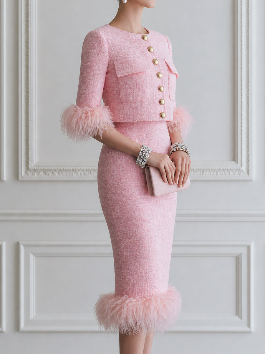 Elegant Pink Tweed Feather-Trim Two-Piece Set with Gold Buttons