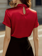 Sophisticated White Satin Blouse with Modern Keyhole Neckline