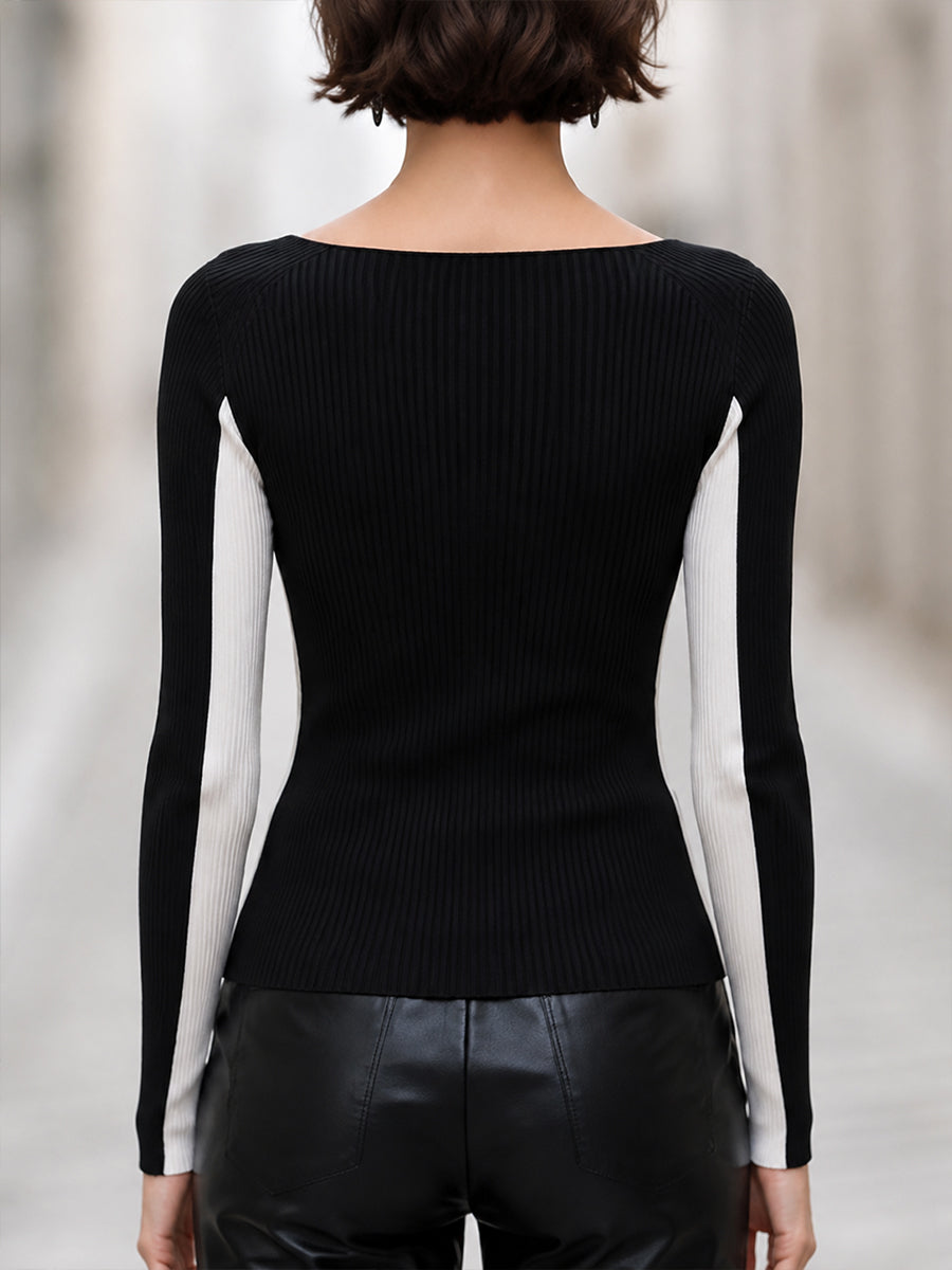 Contrast Panel Ribbed Knit Top