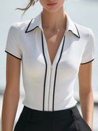 Contrast Trim Zip-Front Tailored Short Sleeve Top