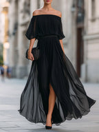 Women's Solid-color Off-the-shoulder 3/4-sleeve Casual Loose Chiffon Dress